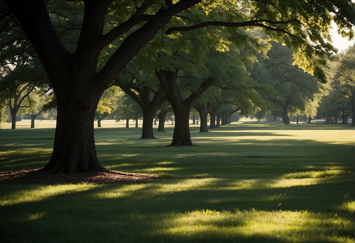 Lush green shade trees casting cool shadows on a sunny Illinois landscape, providing relief and comfort to people and wildlife alike