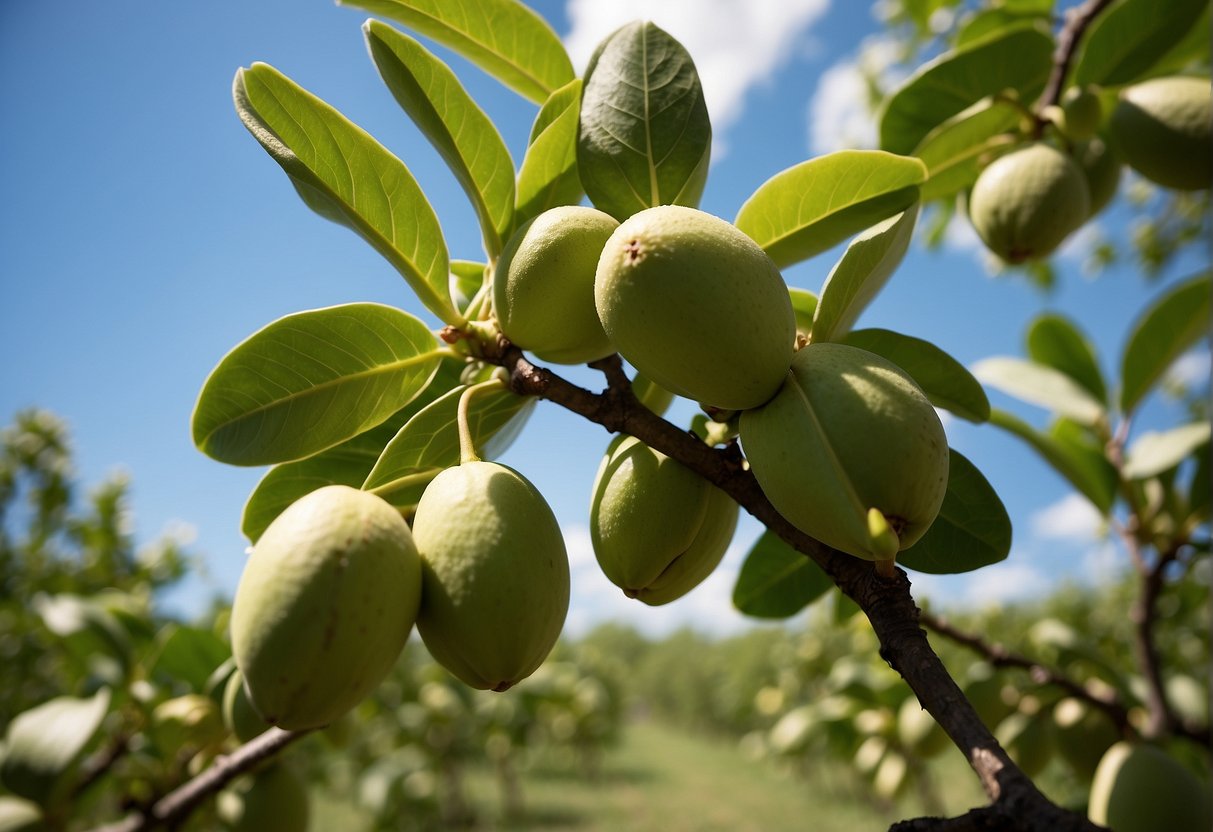 Lush green pistachio trees thrive in a sunny Florida orchard, with a backdrop of clear blue skies and a gentle breeze
