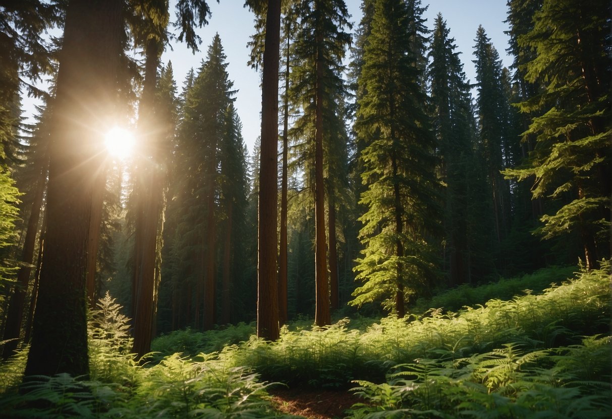 Lush green forests of Washington State with tall, rapidly growing trees reaching towards the sky. The landscape is filled with a variety of fast-growing tree species, creating a vibrant and thriving environment