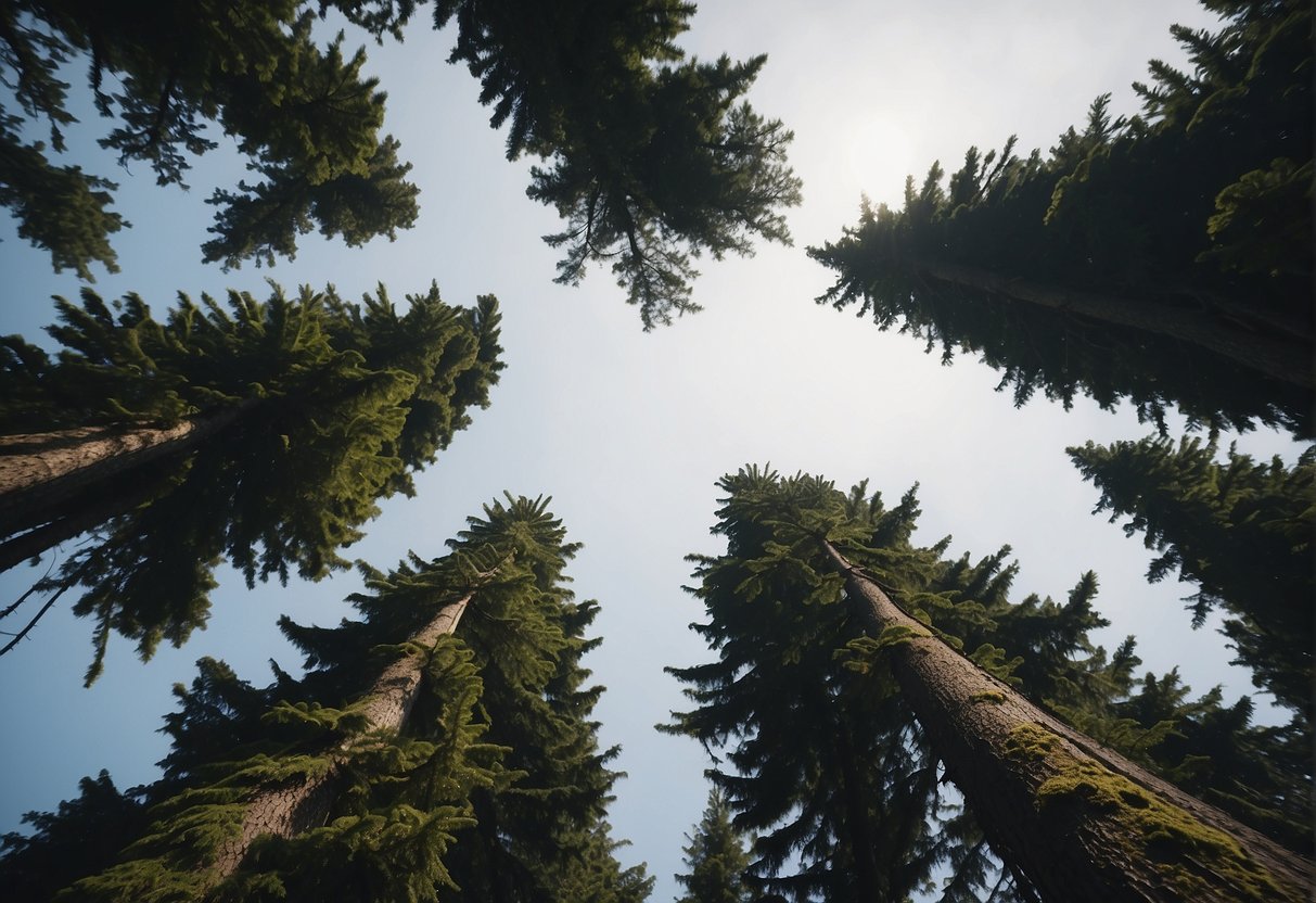 Tall evergreen trees shoot up in Washington state, their branches reaching for the sky as they grow rapidly