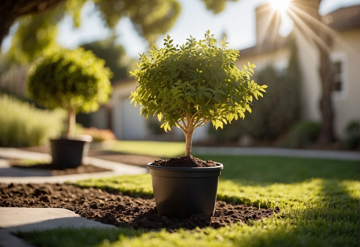 A person planting a variety of fast-growing shade trees in a sunny California yard, carefully selecting the right species for the climate and soil conditions