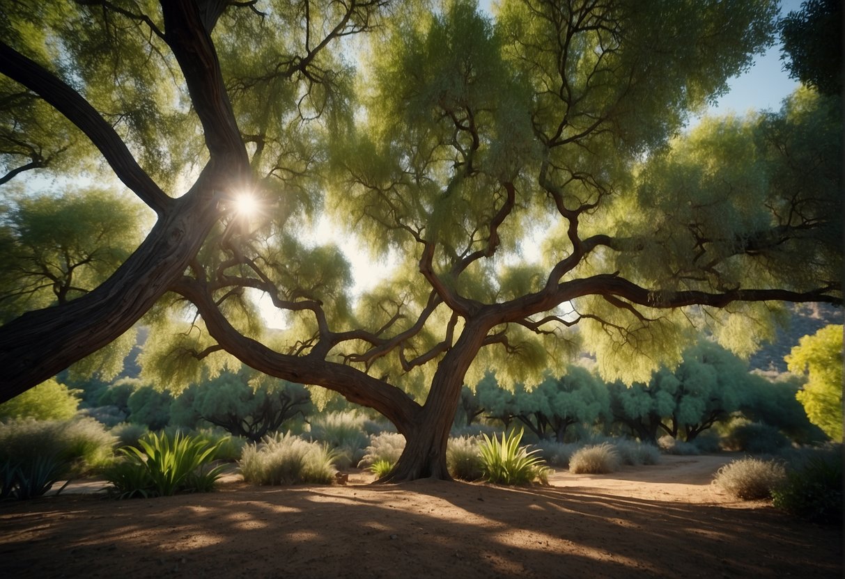 Lush green trees shoot up towards the sky, their branches spreading wide to create a cool, shady oasis in the California landscape