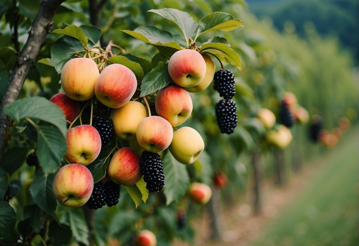 Lush Tennessee orchard with ripe apples, peaches, and blackberries ready for picking and enjoying