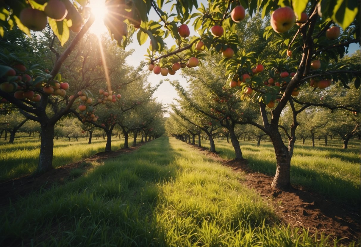Lush orchard with thriving peach, apple, and cherry trees under the Tennessee sun. Rich soil and ample rainfall ensure bountiful harvests