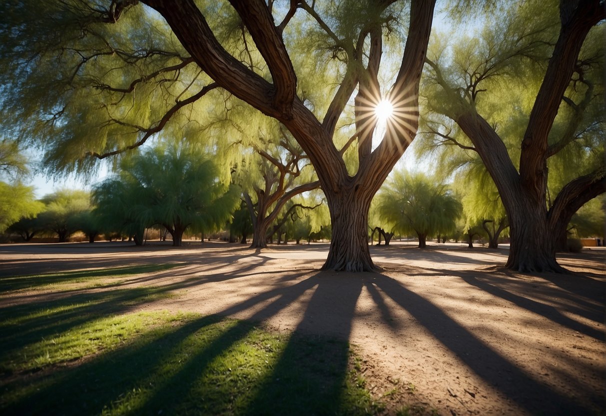 Lush green non-shedding trees providing cool shade in a dry Arizona landscape. Sunlight filtering through the leaves, creating dappled patterns on the ground