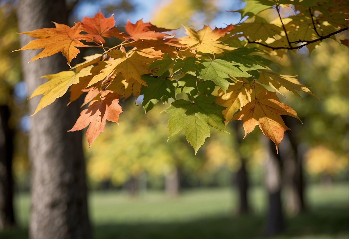 Various maple trees in Kansas: red, silver, and sugar maples. Leaves in shades of green, yellow, and red. Tall, slender trunks with textured bark