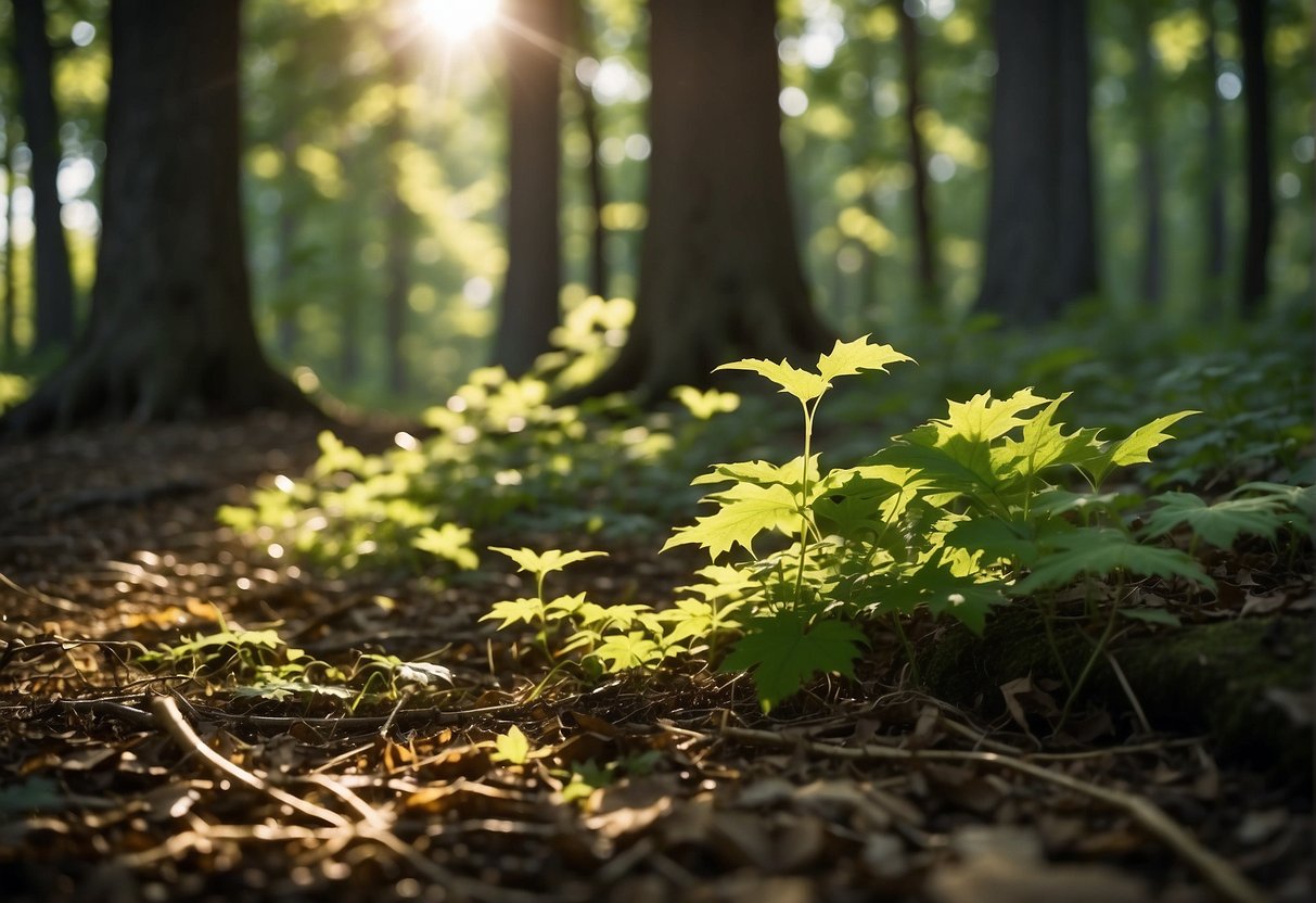Sunlight filters through the dense canopy, casting dappled shadows on the forest floor. A gentle breeze rustles the vibrant green leaves of the maple trees, while their roots reach deep into the rich, fertile soil of Kansas