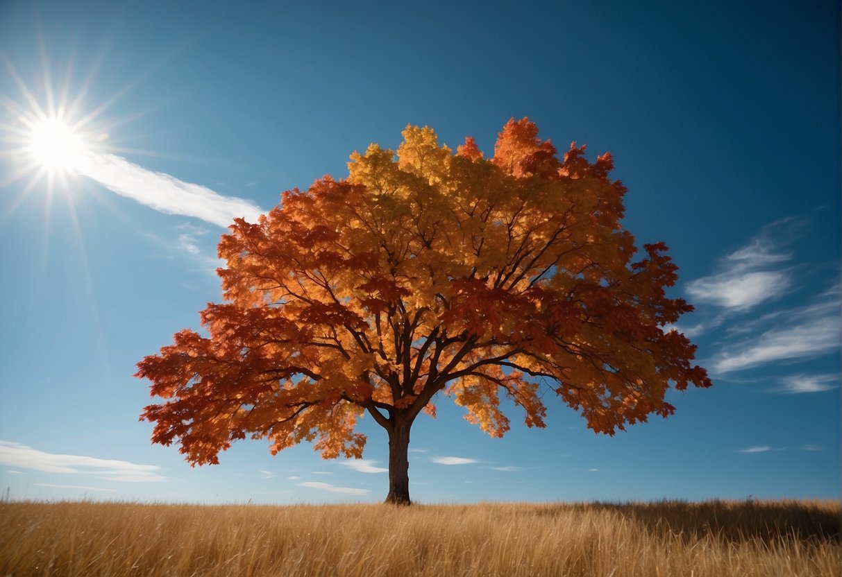 Maple trees stand tall in a Kansas field, their vibrant red and orange leaves creating a stunning display against the clear blue sky