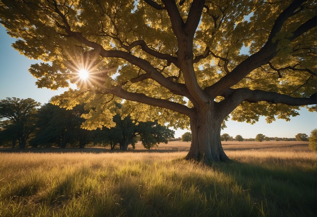 A mature maple tree stands tall in a Kansas landscape, its vibrant leaves providing shade and beauty. Its branches reach out, offering a home to birds and other wildlife