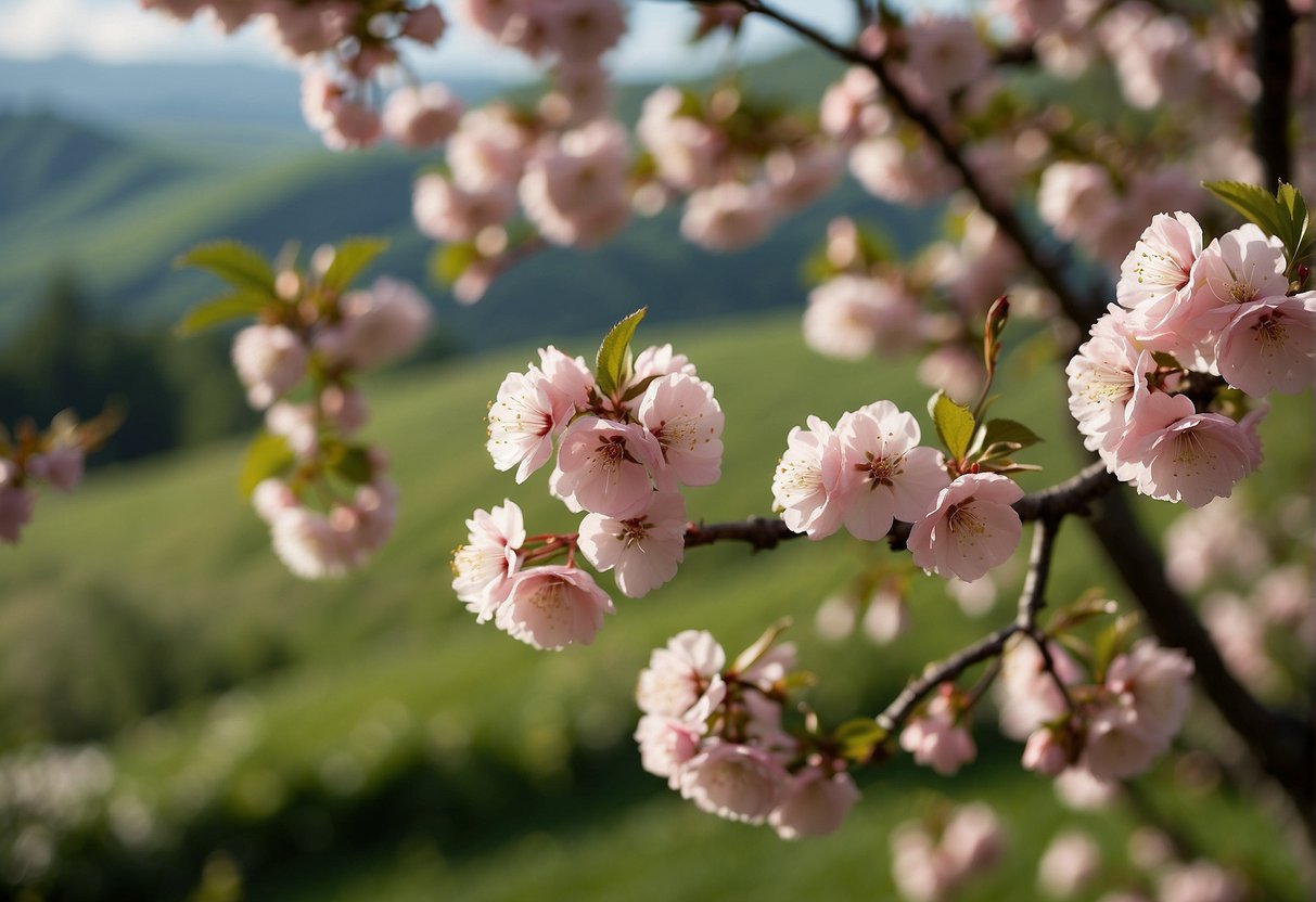 Lush cherry trees bloom in a serene garden, set against a backdrop of rolling hills. The delicate pink blossoms stand out against the deep green leaves, creating a stunning display of natural beauty