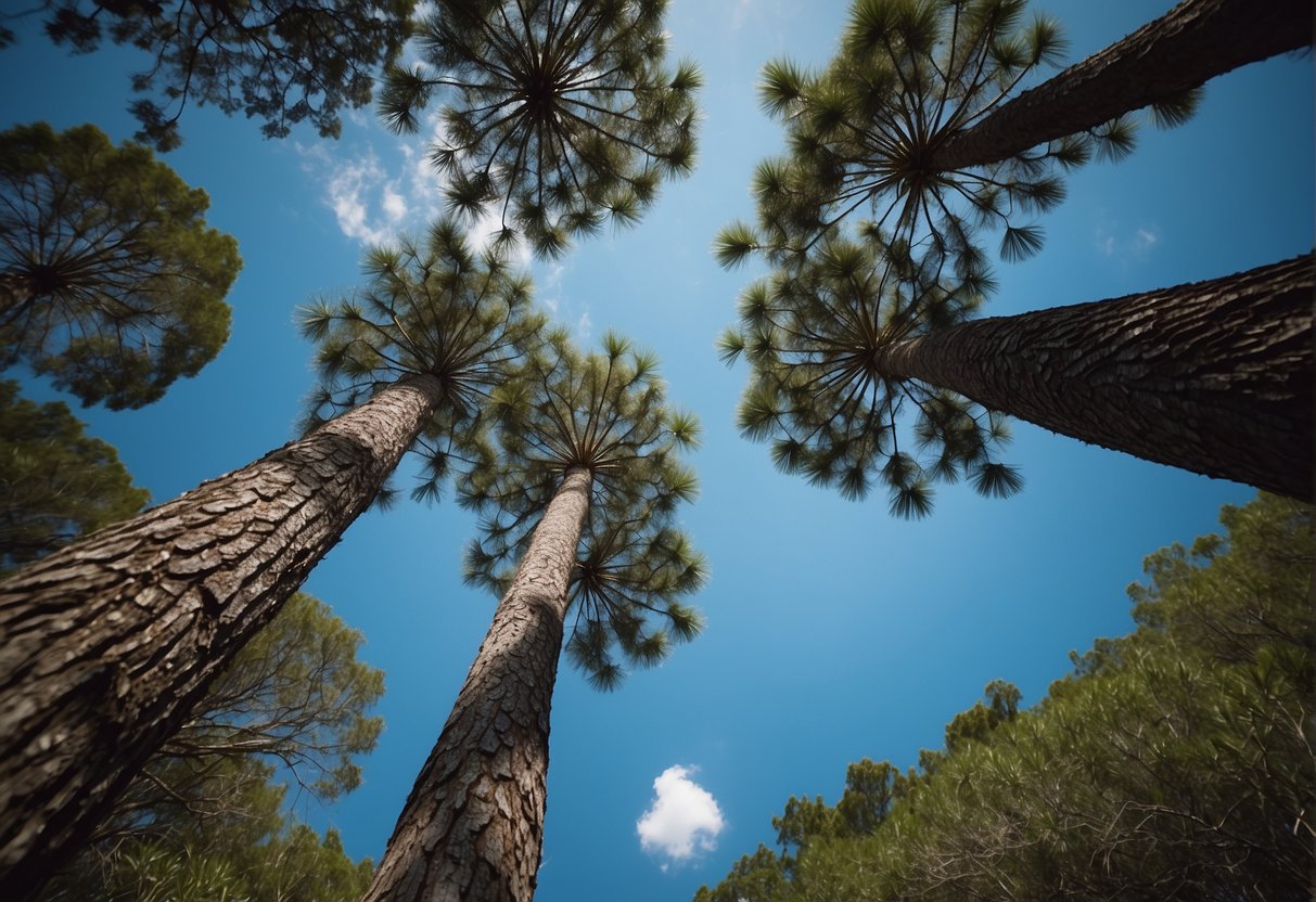 Tall, slender pines with long needles and rough, scaly bark stand against a backdrop of lush green foliage and bright blue skies in South Florida