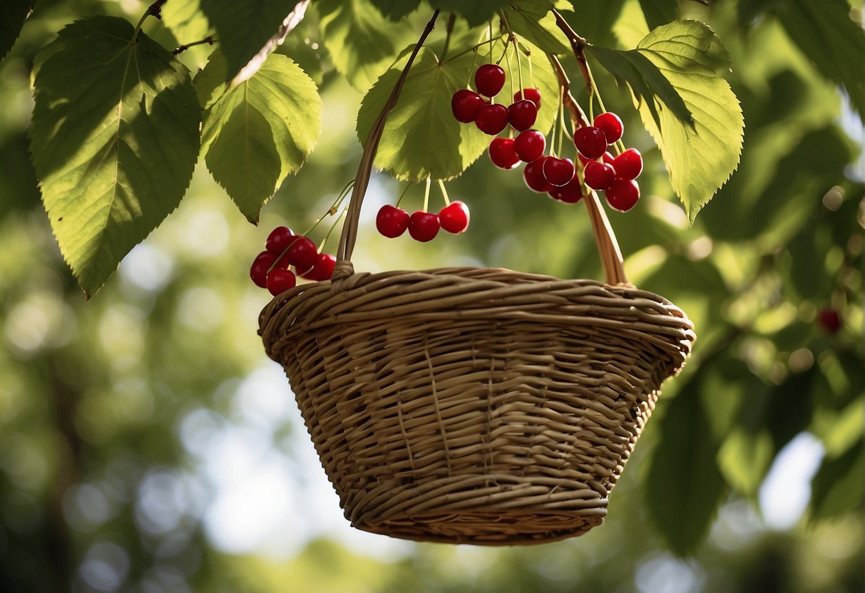 Sunlight filters through lush green leaves as ripe cherries are plucked from branches. A basket overflows with the juicy fruit, while a person enjoys a handful of cherries under the shade of the tree