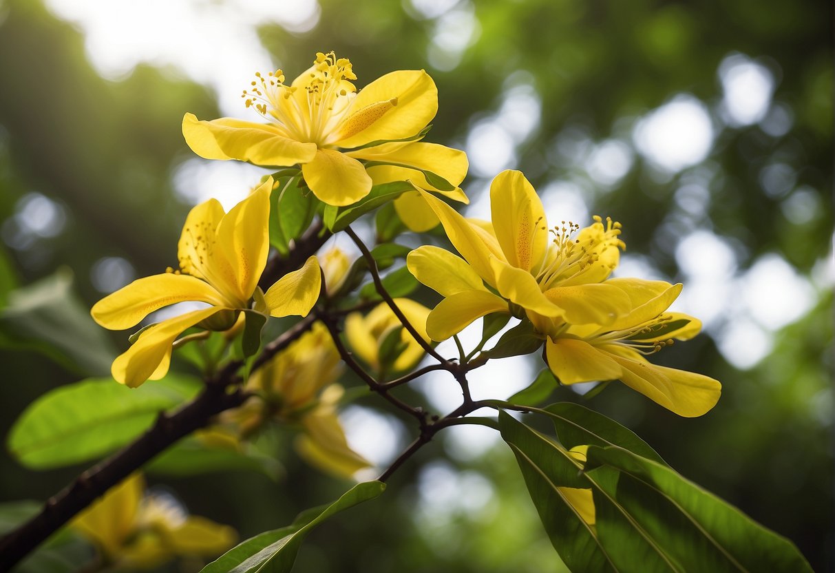 A vibrant yellow hawaii flower tree stands tall against a backdrop of lush green foliage, with its delicate petals swaying in the gentle island breeze