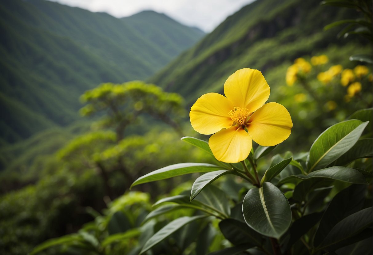 A vibrant yellow flower tree stands tall in Hawaii, surrounded by lush green vegetation. The tree symbolizes conservation and the ecological impact of preserving native flora