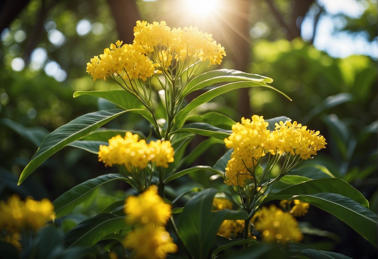 Sunlight filters through lush green foliage, illuminating the vibrant yellow flowers of Hawaii's native tree