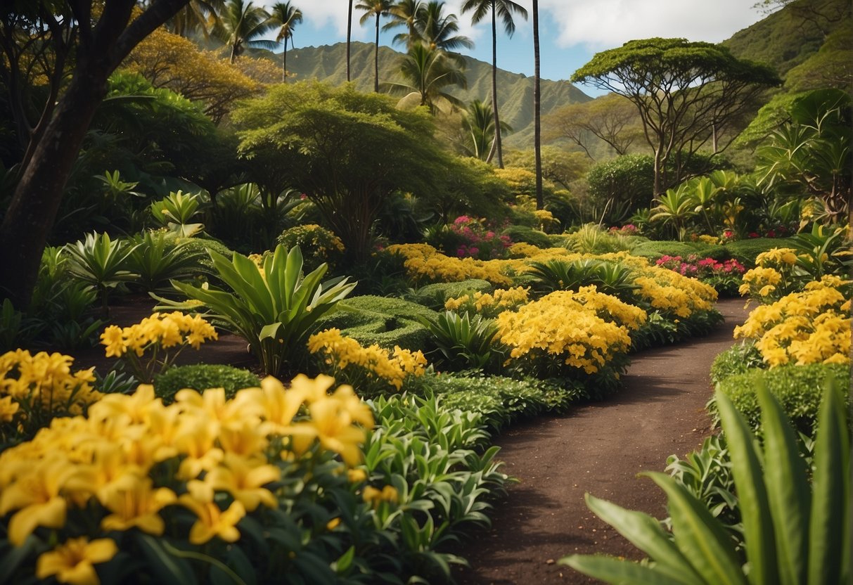 A lush garden in Hawaii filled with vibrant yellow flower trees, surrounded by carefully landscaped greenery