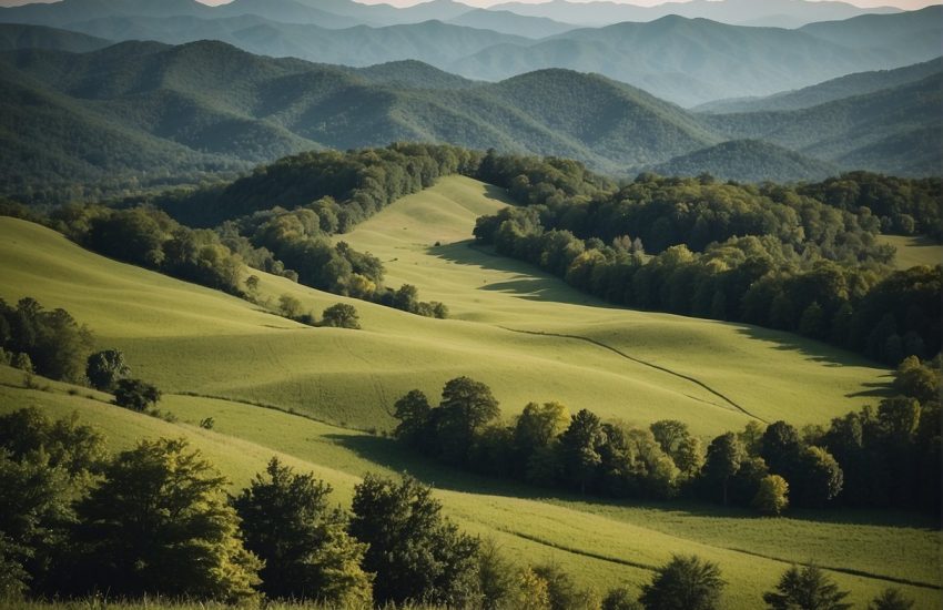 Rolling hills and lush greenery define East Tennessee, with the Great Smoky Mountains towering in the distance. The landscape is dotted with charming towns and winding rivers