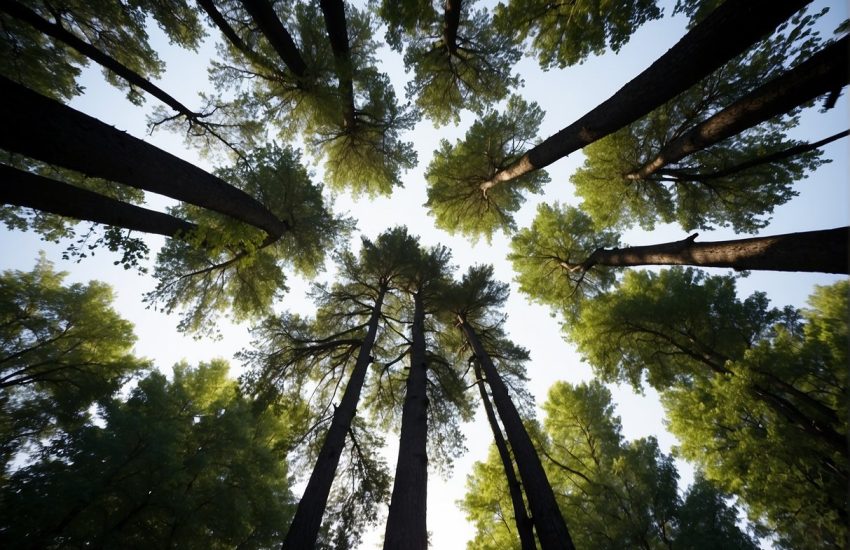 Tall trees shooting up in Indiana, their branches reaching for the sky, showing rapid growth