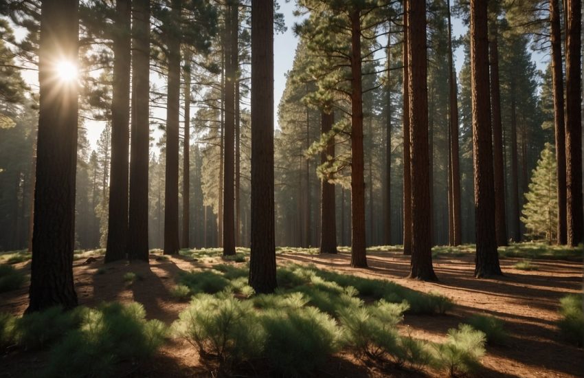 Sunlight filters through the tall Southern California pine trees, casting dappled shadows on the forest floor. The trees stand tall and straight, their green needles reaching towards the sky