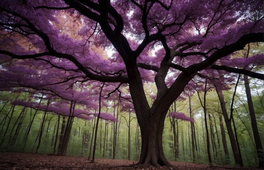 Vibrant purple trees stand tall in the Arkansas forest, their colorful leaves creating a stunning and unique sight in the natural landscape
