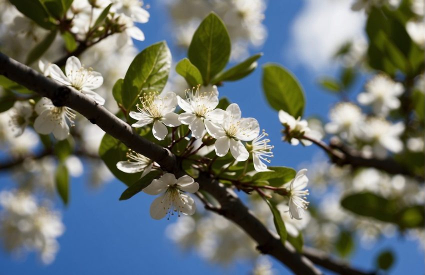 White flowering trees bloom in a Florida landscape, with lush green foliage and bright blue skies as a backdrop