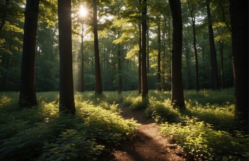 Tall nut trees stand in a lush Indiana forest, their branches heavy with clusters of nuts ready for harvest. The sun filters through the leaves, casting dappled shadows on the forest floor