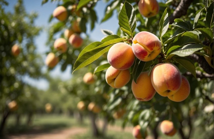 Lush peach trees in full bloom under the Texas sun, with vibrant green leaves and ripe, juicy peaches hanging from the branches