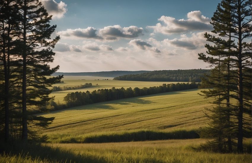 A rural landscape in eastern NC with flat farmland, scattered pine trees, and a distant horizon