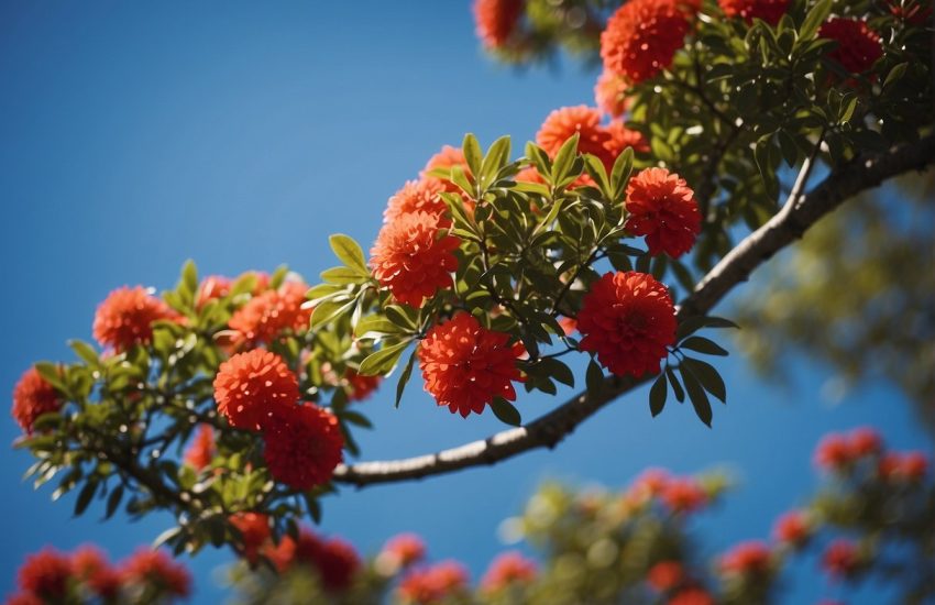 A Florida tree with red blooms stands tall against a bright blue sky