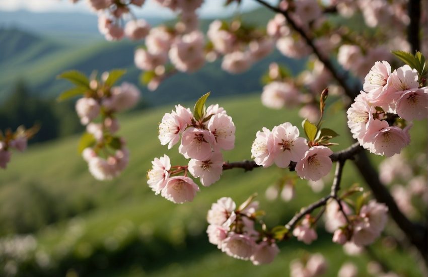 Lush cherry trees bloom in a serene garden, set against a backdrop of rolling hills. The delicate pink blossoms stand out against the deep green leaves, creating a stunning display of natural beauty