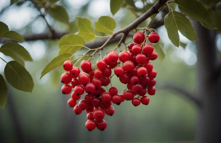 A tall Texas tree with bright red berries hanging from its branches