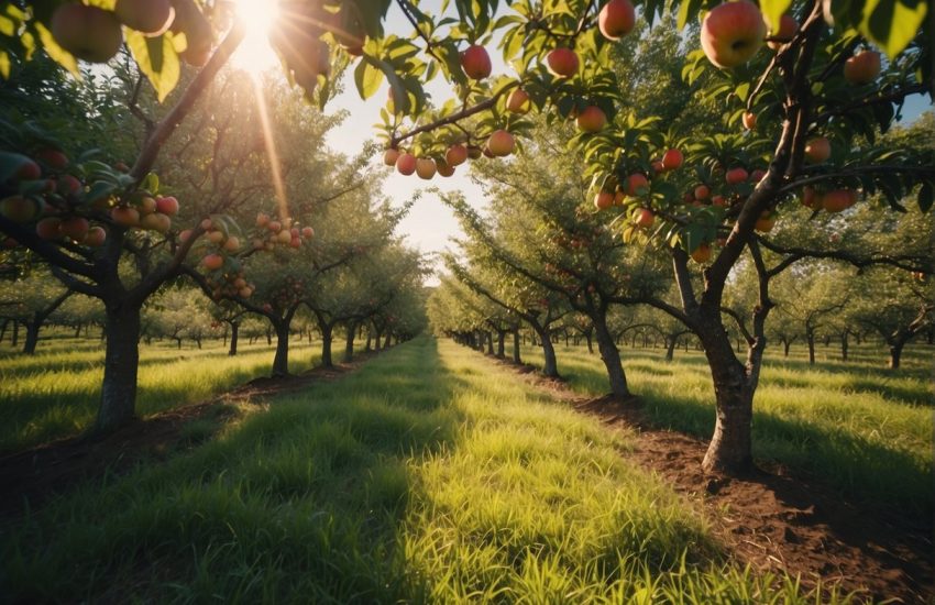 Lush orchard with thriving peach, apple, and cherry trees under the Tennessee sun. Rich soil and ample rainfall ensure bountiful harvests
