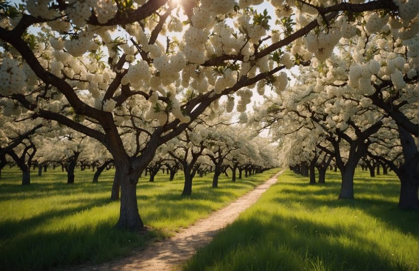 Lush Texas orchard, with vibrant cherry trees in full bloom and ripe fruit hanging from the branches