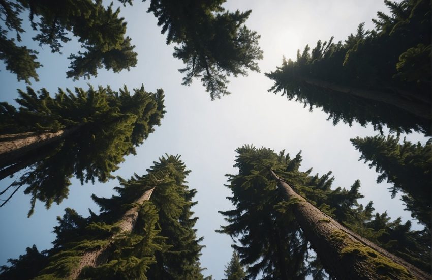 Tall evergreen trees shoot up in Washington state, their branches reaching for the sky as they grow rapidly