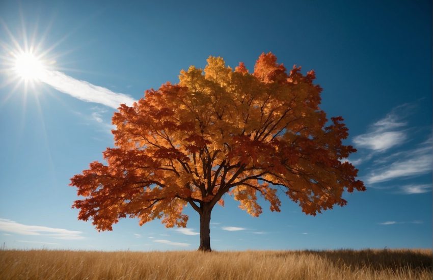 Maple trees stand tall in a Kansas field, their vibrant red and orange leaves creating a stunning display against the clear blue sky