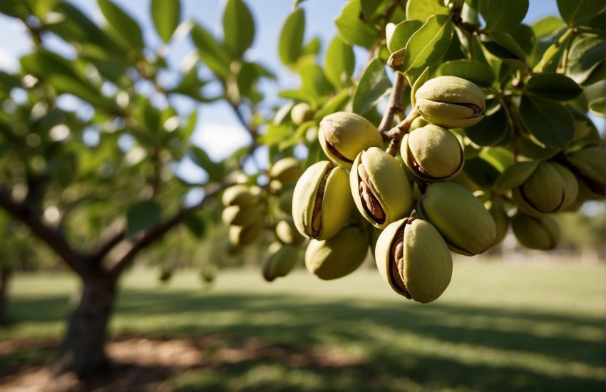 Pistachio trees thrive in Florida's warm climate. Show a lush orchard with mature trees bearing clusters of green nuts