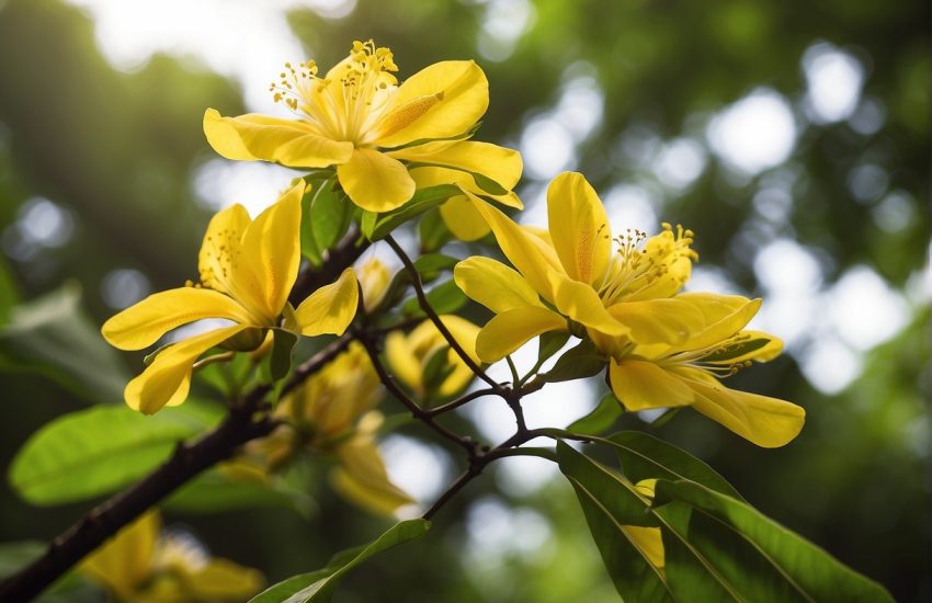 A vibrant yellow hawaii flower tree stands tall against a backdrop of lush green foliage, with its delicate petals swaying in the gentle island breeze