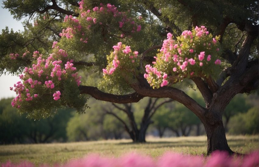 A lone Texas tree stands tall, adorned with vibrant pink flowers in full bloom