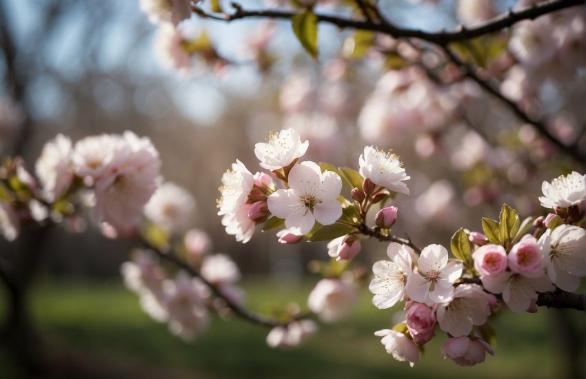 Delicate pink and white blossoms adorn the branches of the flowering trees in Delaware, creating a beautiful and serene springtime scene