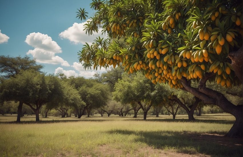 Lush Texas landscape with a thriving mango tree, laden with ripe fruit