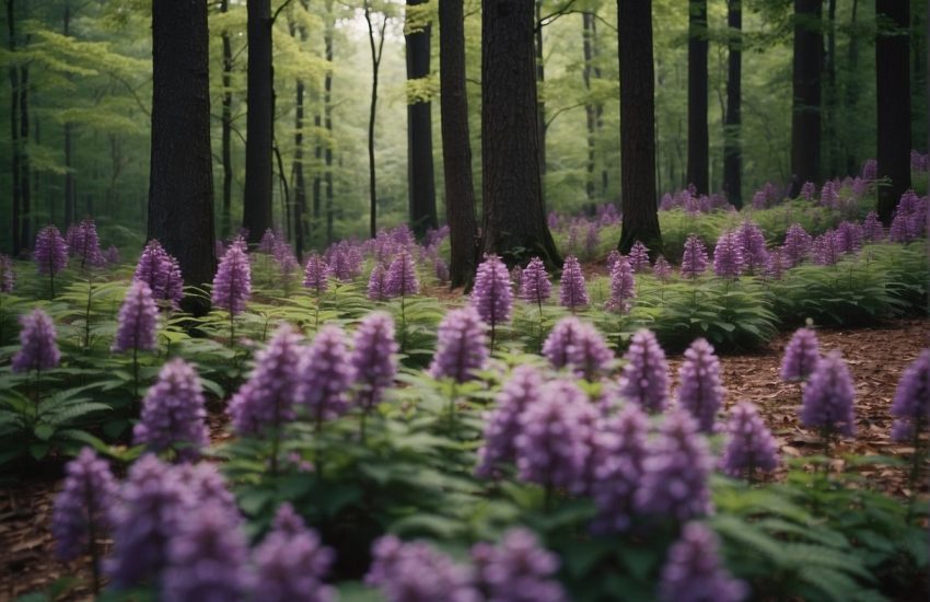 Tall trees with purple blooms in a Tennessee forest