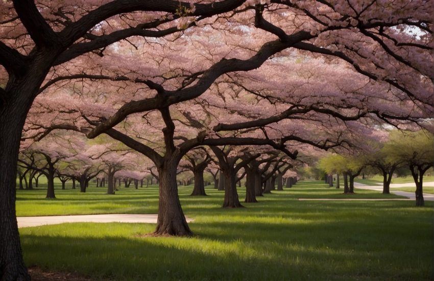Lush Texas landscape features blooming pink-flowered trees