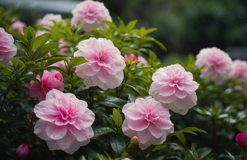 Charlotte, NC is in plant zone 7b. Illustrate a garden with a variety of plants suited for this zone, including azaleas, camellias, and Japanese maples
