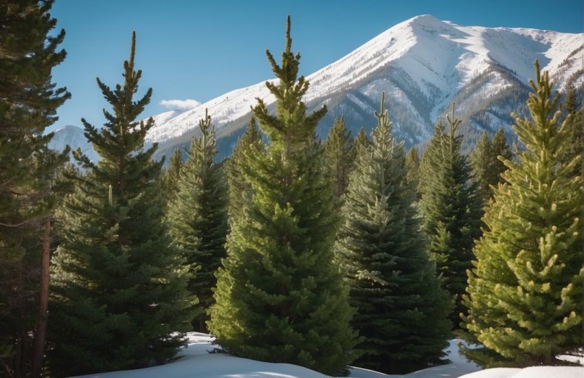 Tall evergreen trees create a natural barrier, providing privacy in a Colorado backyard. Their lush green foliage stands out against the snowy mountain backdrop