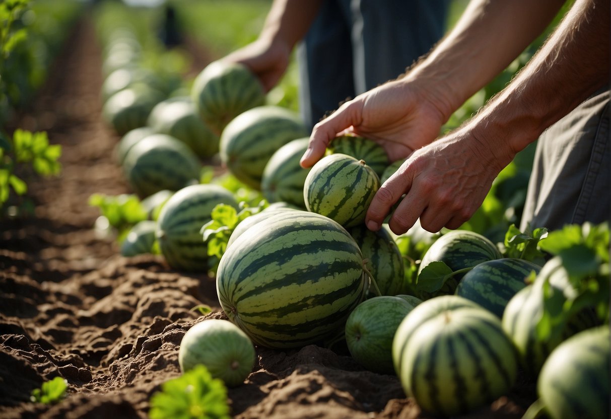 Lush green vines sprawl across the fertile soil, bearing watermelon-like fruits in various stages of ripeness. A farmer carefully harvests the vibrant produce, while others are seen using the fruit in diverse culinary creations