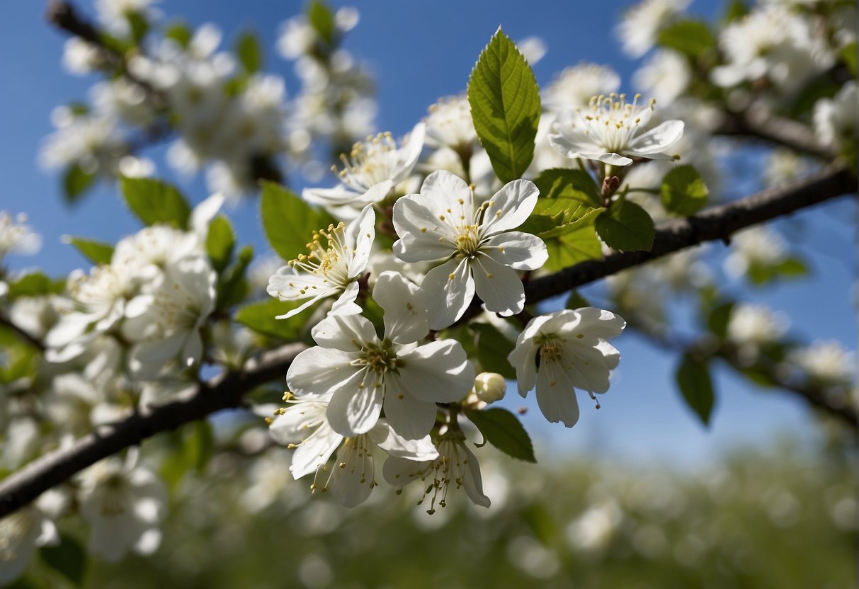 White flowering trees in Kansas bloom against a clear blue sky, their branches covered in delicate, white blossoms. The trees stand in a lush green field, creating a beautiful and serene scene