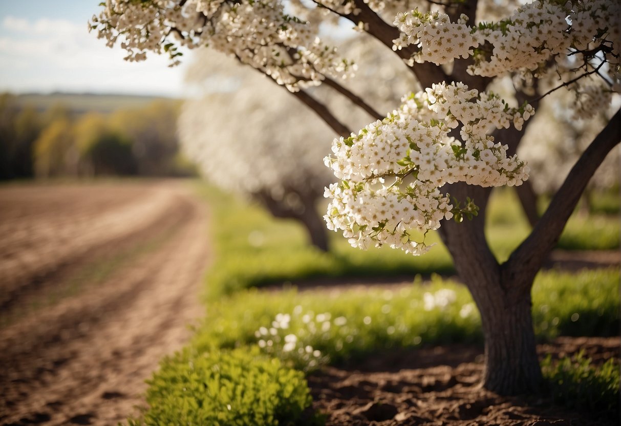White flowering trees dot the Kansas landscape, surrounded by carefully tended soil and gentle sunlight