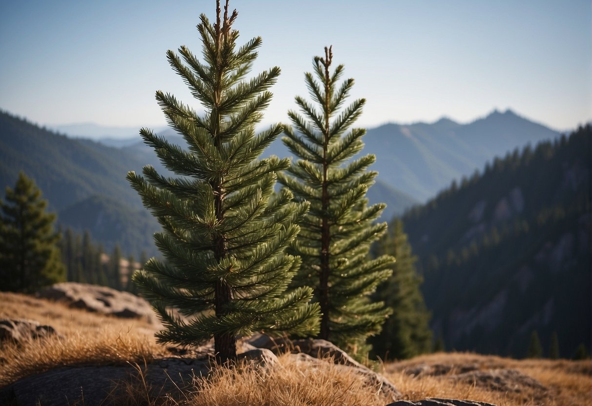 Tall, slender pine trees with long, green needles stand against a backdrop of rugged mountains and a clear blue sky in Northern California