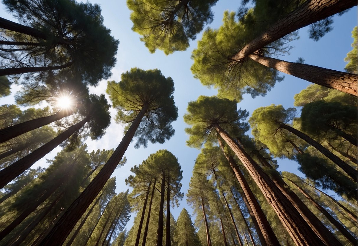 Sunlight filters through the dense canopy of towering pine trees in Northern California. A variety of plant life thrives beneath the towering giants, creating a lush and diverse ecosystem