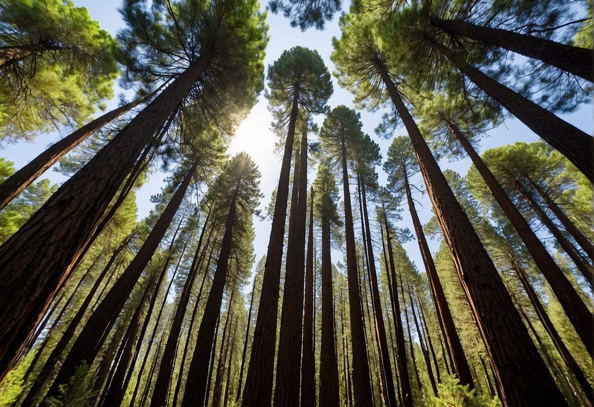 Tall pine trees stand proudly in the northern California forest, their long, slender trunks reaching towards the sky, while their branches are adorned with clusters of vibrant green needles